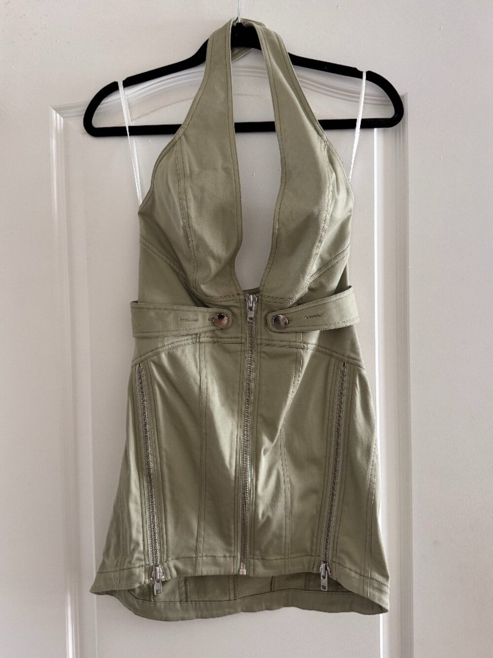 h:ours Sage Green Halter Plunge Mini Dress - Halter Dress